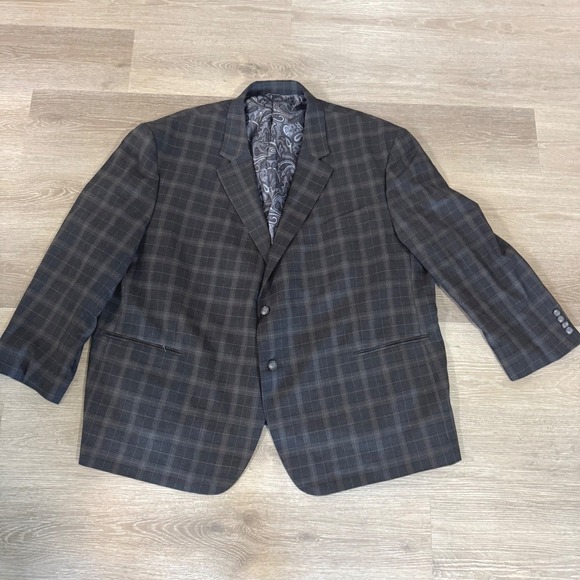 Unbranded Other - Oak Hill Plaid Sport Coat Mens 4XL (58R 60R) Dark Gray Check Two Button Blazer